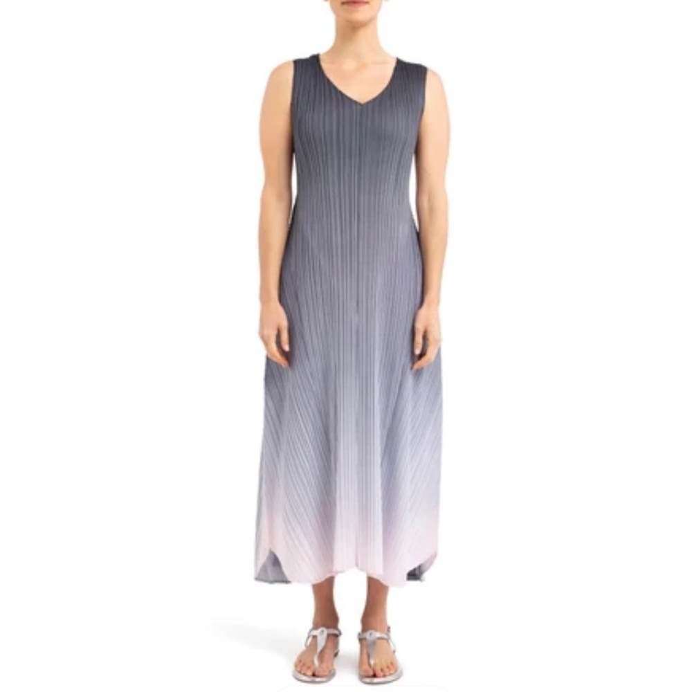Alquema Long Estrella Dress OS Ombre Sculptural Pleated Blue Gray Sleeveless